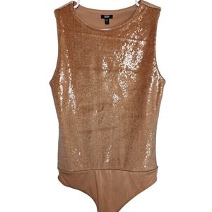 Express Body Contour Bronze Sequin Sleeveless Thong  Bodysuit S Glam Clubwear